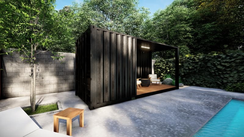 Containerpoolhouse met open terras en afgesloten ruimte