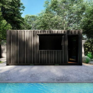 Container poolhouse met bar-achtige luifel voor zomerkeuken