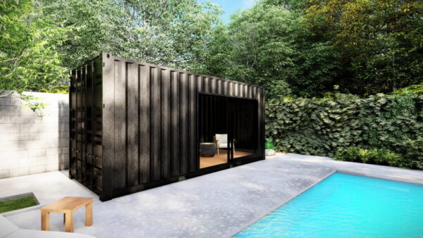 Containerpoolhuis met glazen pui en afgesloten ruimte