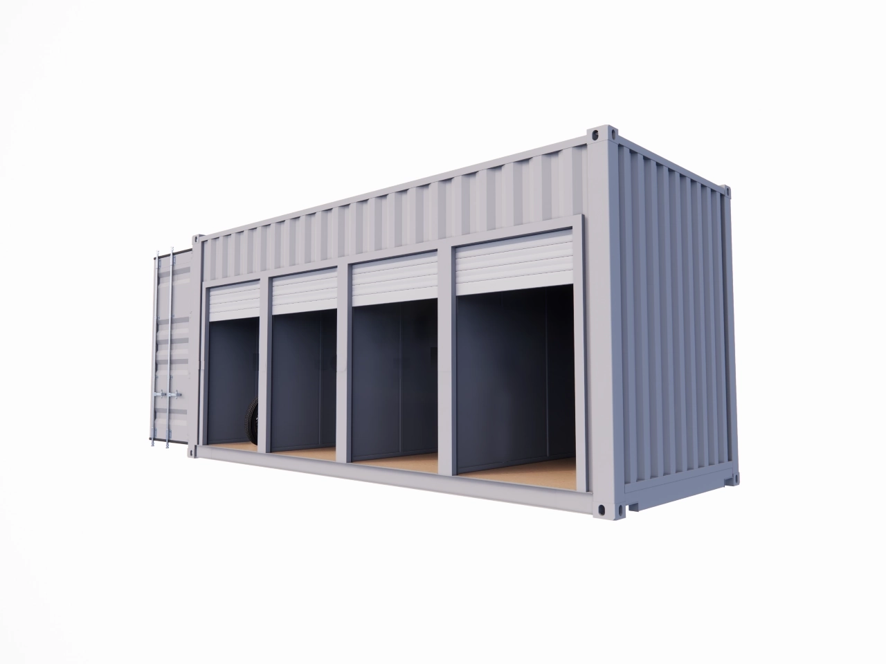 Garage met 4 boxen van 3,5 m² in zeecontainer – Handmatig te openen roldeuren